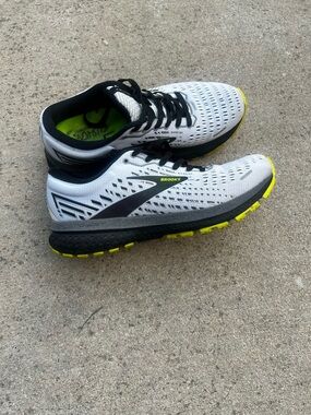 Brooks Ghost 13. White, Black & Neon Yellow Women’s  Running Sneakers